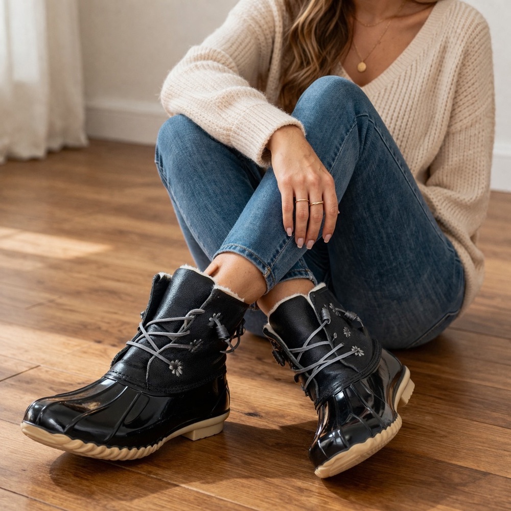 Jack Rogers Black Lace-Up Waterproof Winter Boots with Cream Soles